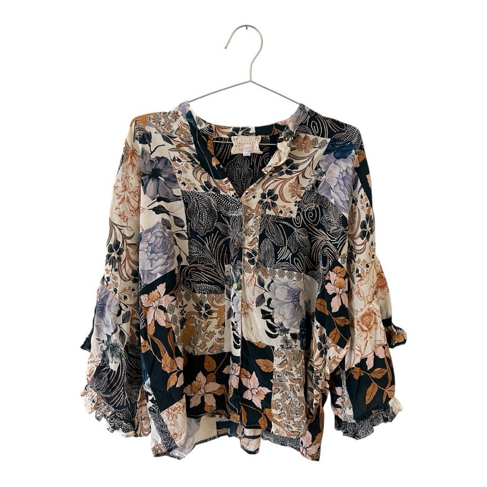 Johnny Was 100% Silk Floral Paisley Patchwork Bell Sleeve Blouse Top Navy L - Picture 4 of 7